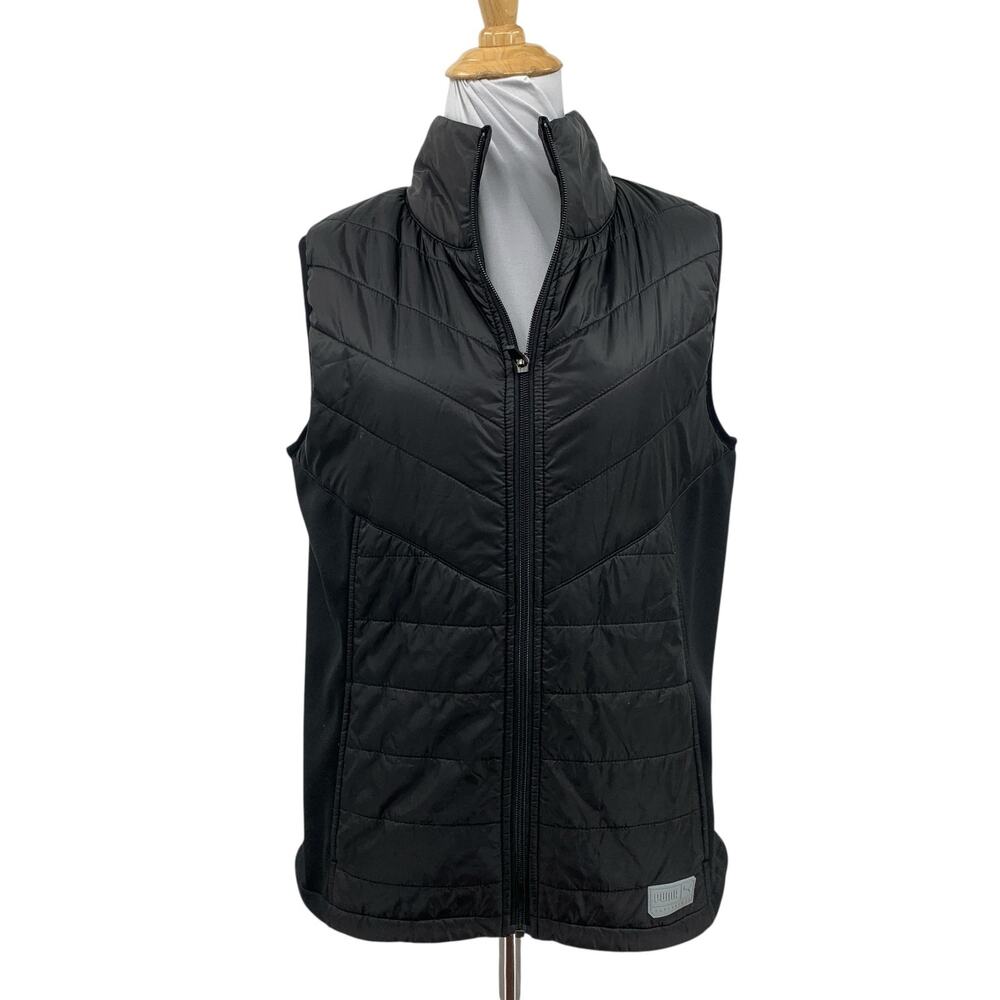 Puma Vest Womens M Black Primaloft Sleeveless Full Zip Mock Quilted Smocked Back